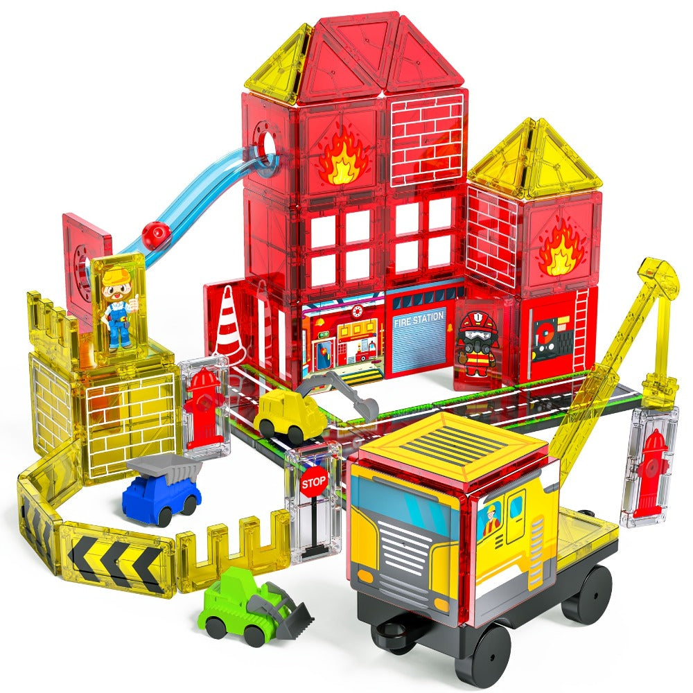 Magnetic Tiles 56-Piece Fire Station Building Set with Road Panels, Crane, Ramps and Vehicle Pieces