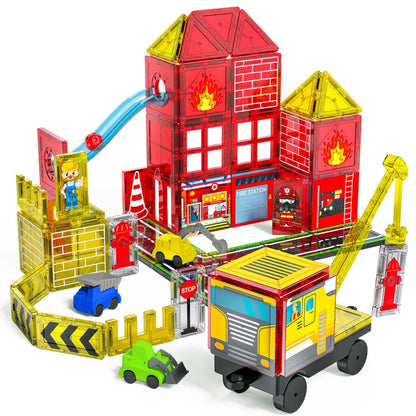 Magnetic Tiles 56-Piece Fire Station Building Set with Road Panels, Crane, Ramps and Vehicle Pieces