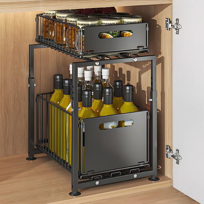 2-Tier Pull Out Cabinet Organizer No Drill Slide Out Shelf Kitchen Pantry Storage Roll Out Drawer Black