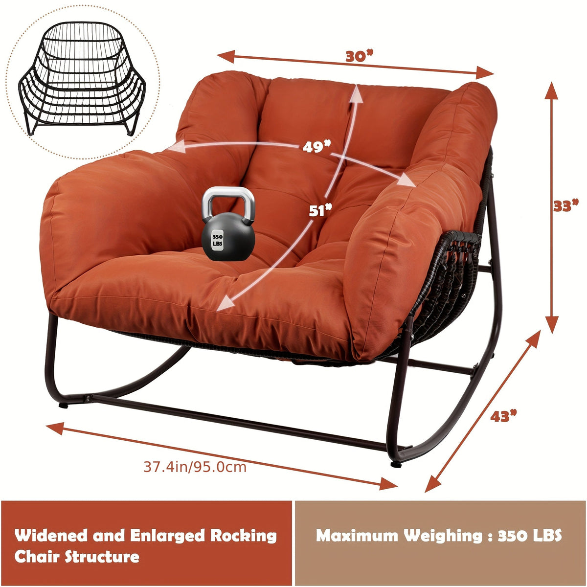 Papasan Rocking Chair Outdoor Wicker Egg Chair with Cushion & Pillow, Large Patio Rocker for Garden