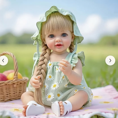 Reborn Baby Doll 22-Inch Full Vinyl Design with Long Blonde Hair, Open Eyes, Green Outfit and Accessories