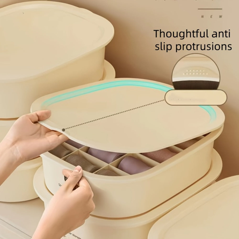 Three-Piece Beige Drawer Organizer Bin Set with Lidded Dividers for Underwear, Socks and Small Accessories