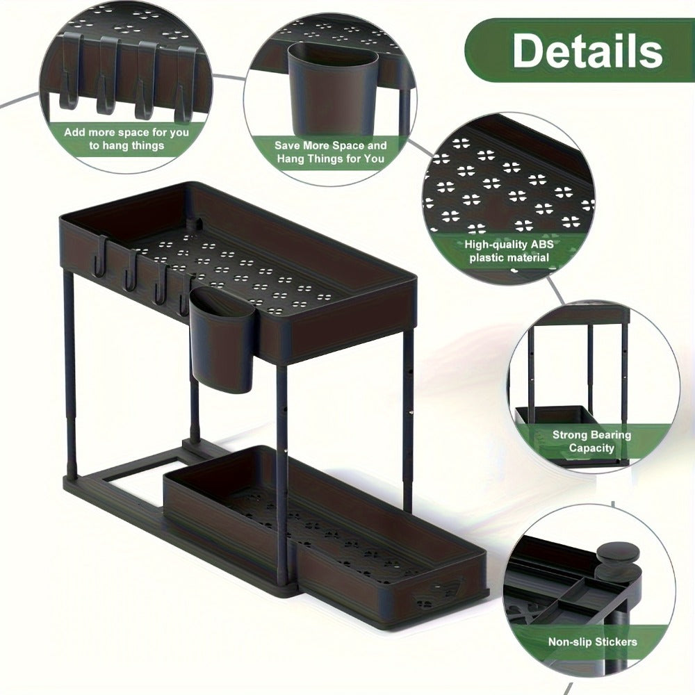 Two-Tier Under-Sink Organizer with Lower Sliding Basket, Four Removable Hooks and One Hanging Cup