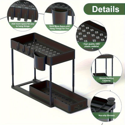 Two-Tier Under-Sink Organizer with Lower Sliding Basket, Four Removable Hooks and One Hanging Cup