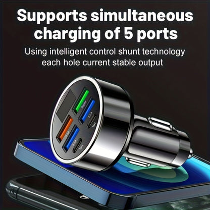 6-in-1 Car Charger 2-Pack with Ambient Light & Voltage Display – Dual PD Fast Charge + QC3.0 + 4 USB Ports Matte Finish – Multi Port USB Car Charger for iPhone 15 14 13 Samsung Android 12V 24V