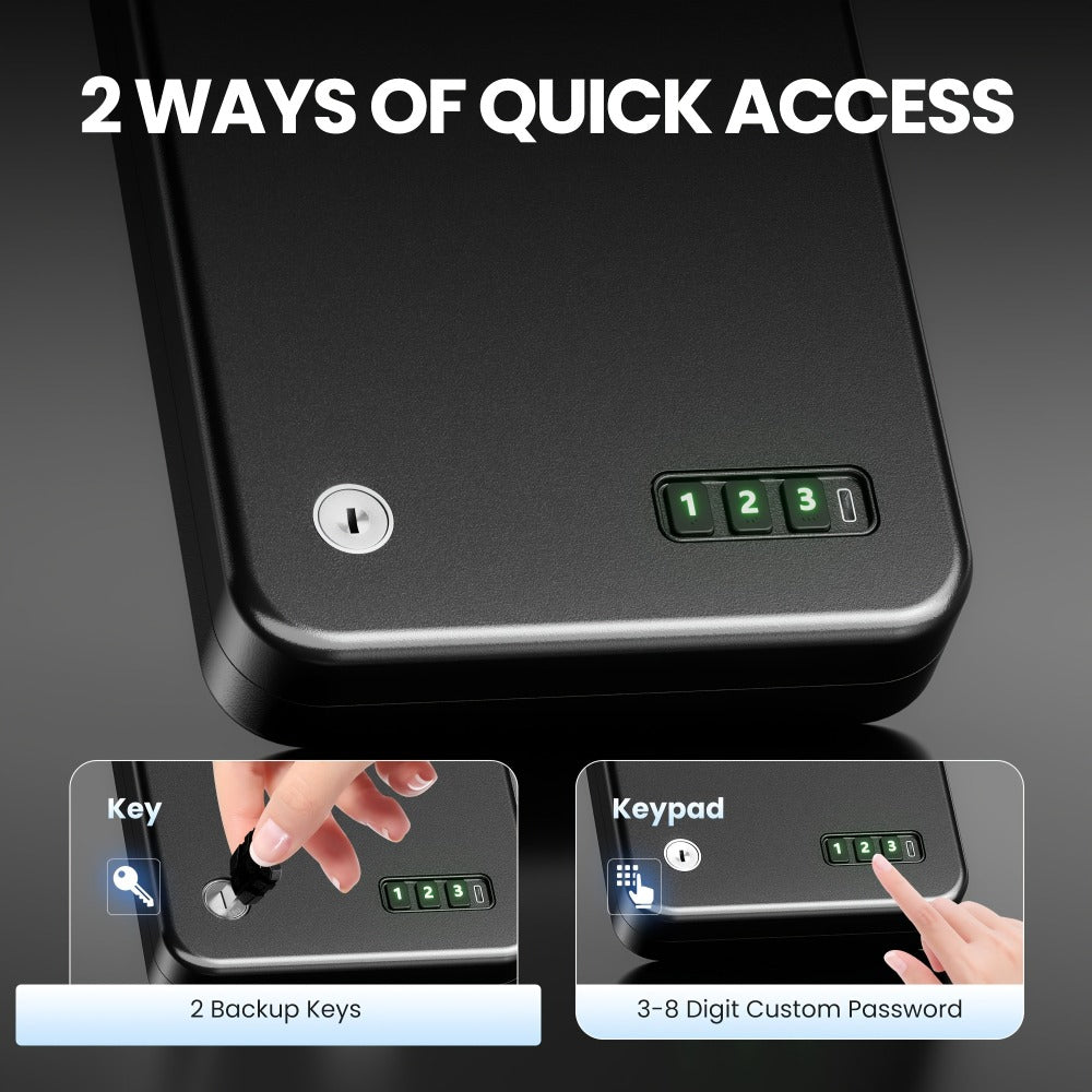 Portable Pistol Safe with Three-Digit Electronic Keypad, Backup Keys, USB-C Cable and 3.28 ft Security Cable