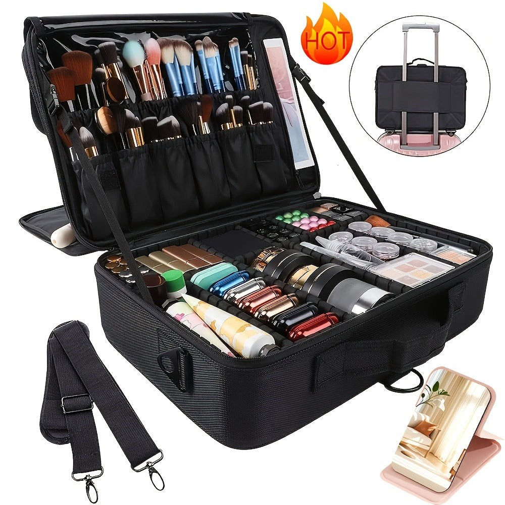 Black 15.8-Inch Soft Makeup Train Case with Three-Layer Interior, Brush Panel and Shoulder Strap