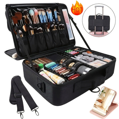 Black 15.8-Inch Soft Makeup Train Case with Three-Layer Interior, Brush Panel and Shoulder Strap
