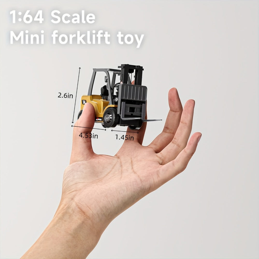 RC Forklift Toy 1/64 Scale Alloy Die Cast Remote Control Forklift Truck 7 Channel 3-in-1 Lift Fork Hook with Lights Rechargeable Kids Christmas Gift