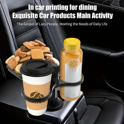 Rotating Car Cup Holder Expander with Dual Drink Rings, 4.3 x 6 Inch Tray, Adjustable Base and Black Finish