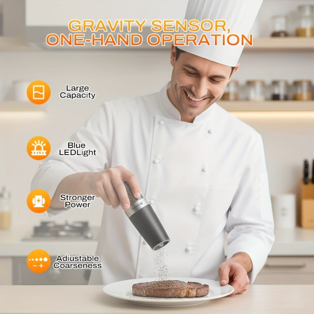 Electric Salt and Pepper Grinder Set 2-Pack Gravity Sensing – Battery Powered LED Light One-Hand Operation | Adjustable Coarseness Black Kitchen Gadget | Perfect Birthday Gift for Home Cooks