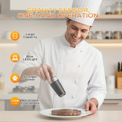 Electric Salt and Pepper Grinder Set 2-Pack Gravity Sensing – Battery Powered LED Light One-Hand Operation | Adjustable Coarseness Black Kitchen Gadget | Perfect Birthday Gift for Home Cooks