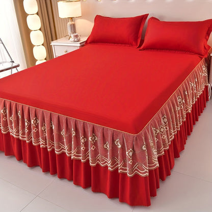 Macrame Lace Bed Skirt Set 3pcs – Double Layer Non-Slip Bed Skirt with 2 Pillowcases All Seasons Twin Full Queen King