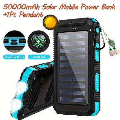 Solar Power Bank, 50000mAh Dual-USB Charger with Solar Panel, Dual LED Flashlights, Compass and Four Colors