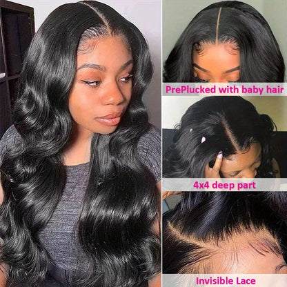 Lace Front Wig Body-Wave Human Hair, 14-24 Inch Natural Black with Glueless 4x4x1 Closure and Baby Hair