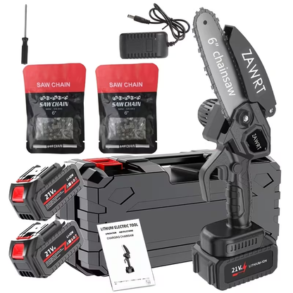 Electric Mini Chainsaw 6-Inch with Debris Guard & Toolbox - Cordless Handheld Pruning Saw with Safety Lock, Rechargeable Battery & Alloy Chain for Tree Pruning, Branch Cutting & Garden Use