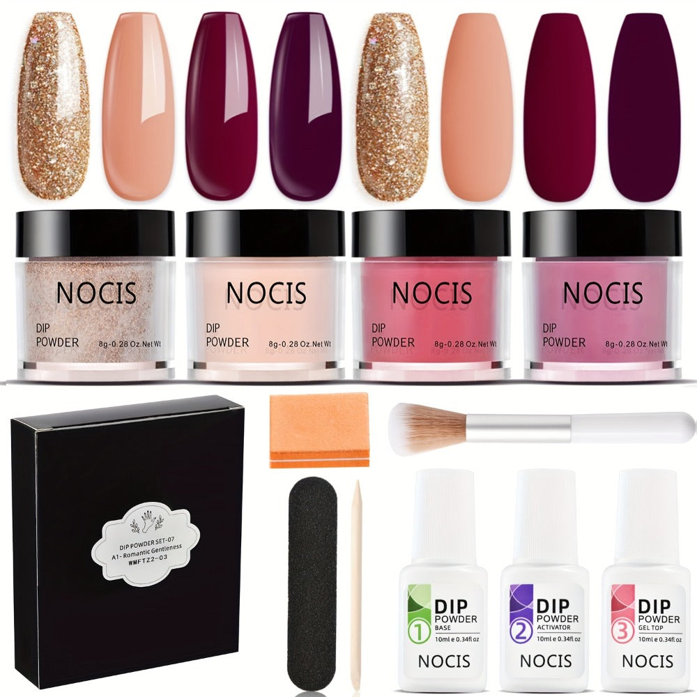 Dip Powder Nail Kit with NOCIS Label, Four Brown Nude Burgundy Glitter Powders, Three 10ml Liquids and Tools