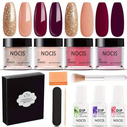 Dip Powder Nail Kit with NOCIS Label, Four Brown Nude Burgundy Glitter Powders, Three 10ml Liquids and Tools