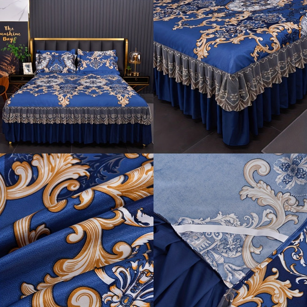 Ruffled Floral Bedspread Mat Set with Two Pillowcases, Twin to King Sizes and Four Pattern Choices