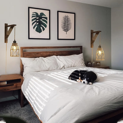 Plug-In Cage Wall Sconce with Wooden Bracket, 250 cm Cord and Single or Two-Piece Farmhouse Options