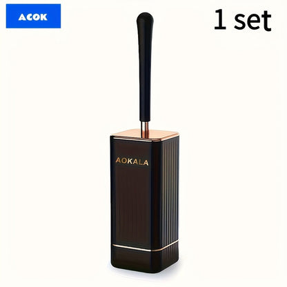 Black TPR Silicone Toilet Brush and Covered Holder Set with 41cm Handle for Bathroom Floor Storage
