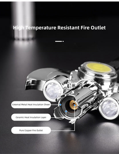 Multi-Nozzle Metal Torch Lighter with COB Auxiliary Light and Black or Silver-Tone Finish Options