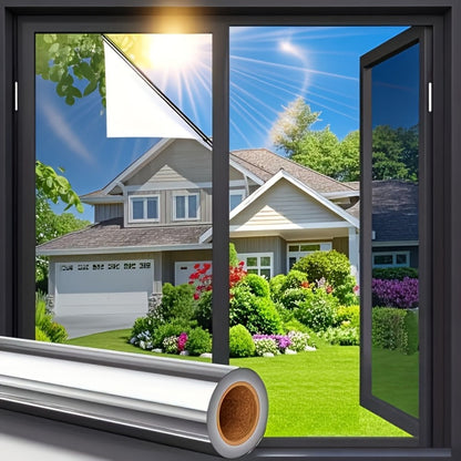 One Way Privacy Window Film Static Cling No Glue - Heat Control Anti-Glare Sun Blocking Reflective Mirror Tint for Home Office Hotel, Nano Ceramic 5Mil PVC, Easy Install Removable Window Privacy Film