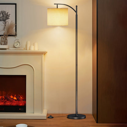 Black Arched Floor Lamp with Beige Drum Shade, Downward-Facing Light and Included 9W Three-Mode LED Bulb