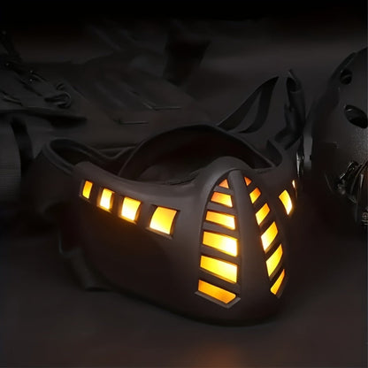 LED Commander Costume Mask with Amber Light Panels, Black Lower-Face Shell and Hood-Style Fabric Cover