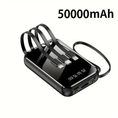 3-in-1 Built-in Cables Power Bank 50000mAh Portable Charger with Smart Digital Display Flashlight Apple Lightning Type-C USB Safe Lithium Battery Pack Outdoor Emergency Travel Gift