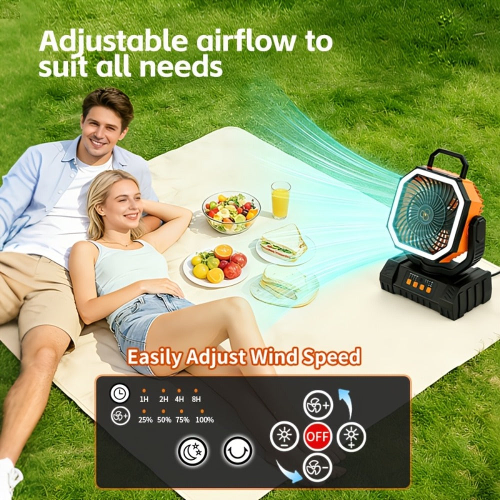 Camping Fan 20000mAh Tabletop and Hanging Fan with 4 Speeds, 13-59 Hour Labeled Runtime, LED Ring and Remote