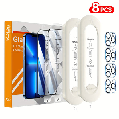 Screen Protector, 8-Piece iPhone Tempered Glass Set with Four Screen Films, Four Camera Lens Covers and Alignment Tools