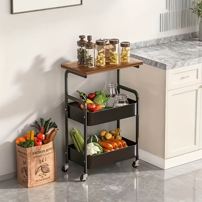 Three-Tier Rolling Storage Cart with Wooden Tabletop, Reinforced Black Frame and Locking Casters