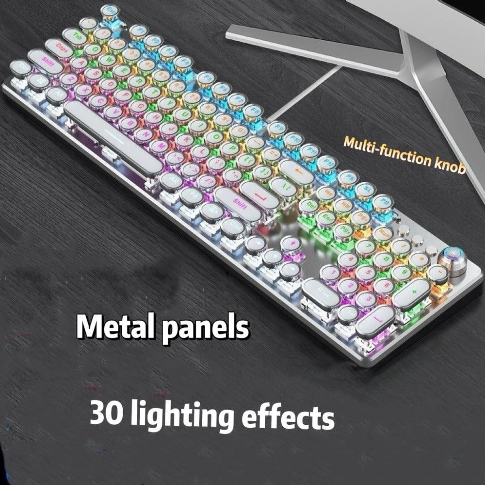 Mechanical Keyboard with Retro Round Keycaps, Green Switches, RGB Backlighting and Multifunction Control Knob