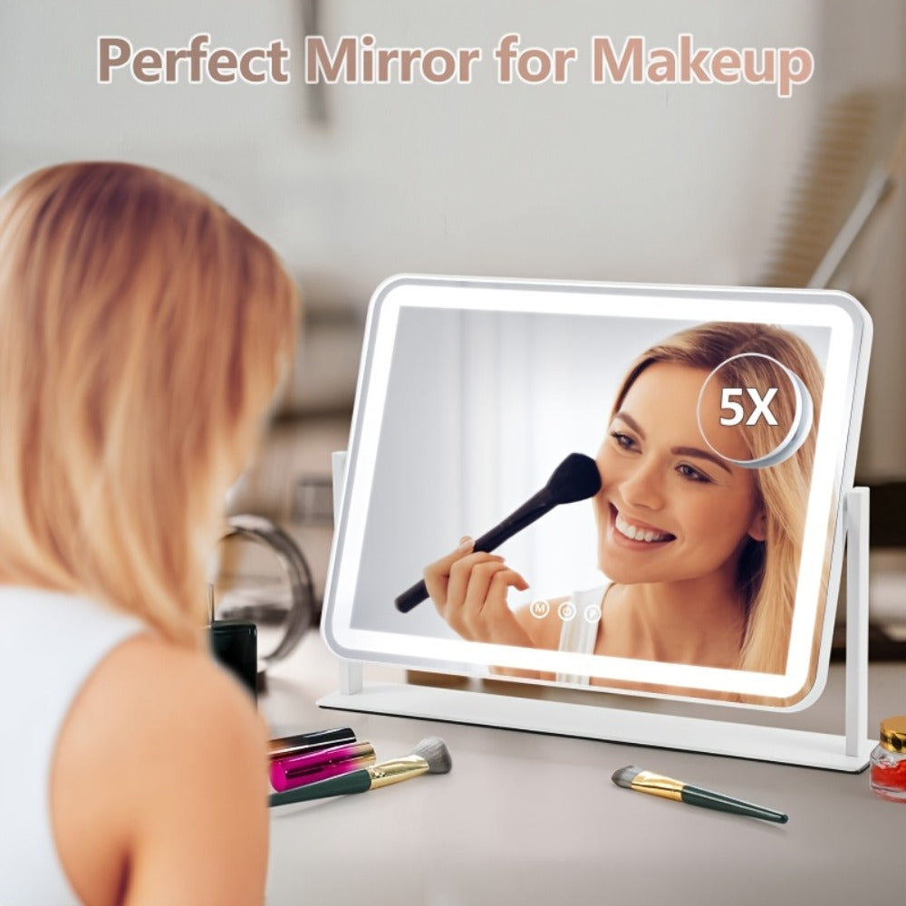 Makeup Mirror Rectangular LED Vanity Stand with 5X Detail Mirror, Three Light Colors, Touch Dimming and 360° Rotation