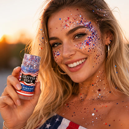 Red and Blue Glitter Makeup Stick for Face, Hair and Body at Patriotic Events, Sports and Stage Shows