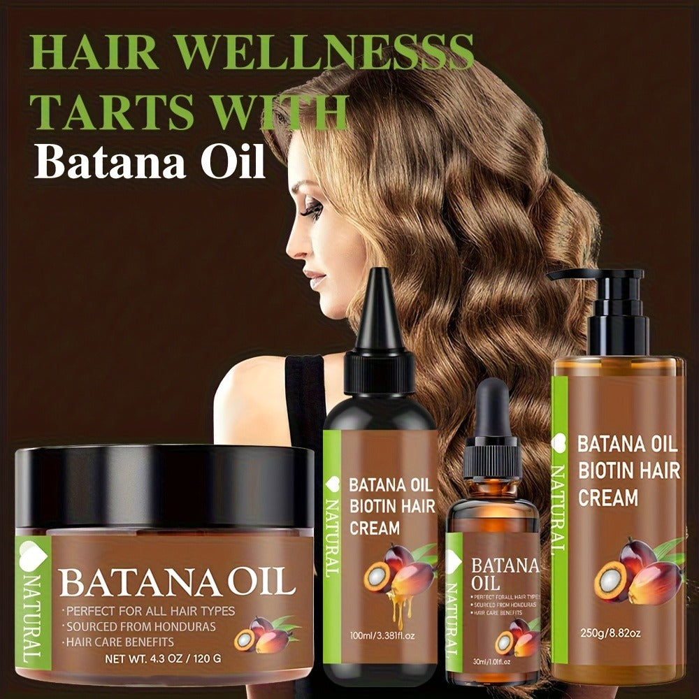 Four-Piece Batana Hair Care Set with Coordinated Oil and Cream Containers in Assorted Sizes