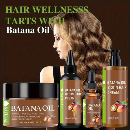 Four-Piece Batana Hair Care Set with Coordinated Oil and Cream Containers in Assorted Sizes