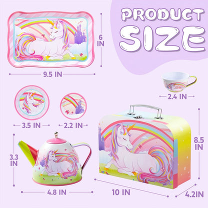 Pink Unicorn Tin Tea Set in Carry Case with Teapot, Four Cups, Four Saucers and Five Plates