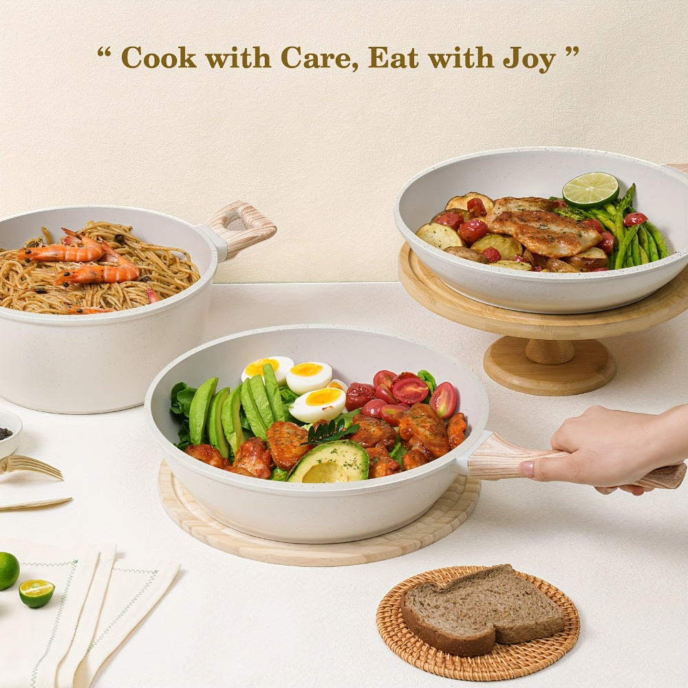 Cookware Set, 12-Piece Granite-Coated Aluminum Pots and Pans with Glass Lids, Pan Protectors and Two Color Options