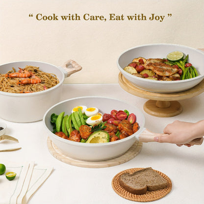 Cookware Set, 12-Piece Granite-Coated Aluminum Pots and Pans with Glass Lids, Pan Protectors and Two Color Options