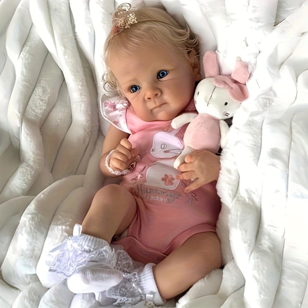 Reborn Doll, 22-Inch Full-Vinyl Open-Eye Figure with Hand-Rooted Hair and Pink Clothing Set