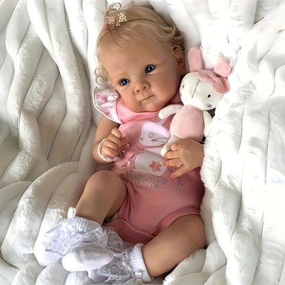 Reborn Doll, 22-Inch Full-Vinyl Open-Eye Figure with Hand-Rooted Hair and Pink Clothing Set