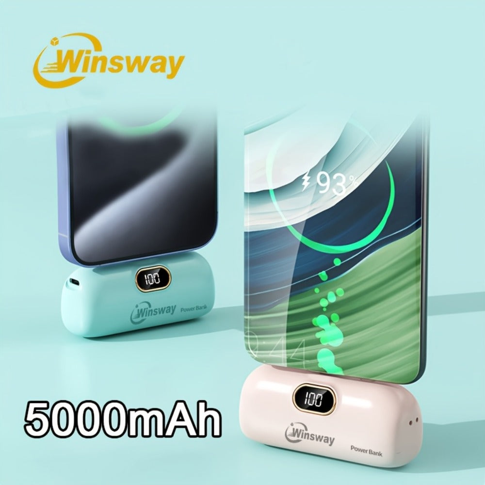 Winsway 5000mAh Mini Portable Charger Type-C Metal Plug with LED LCD Display – Fast Charging Pocket Battery Pack for iPhone 17 16 15 Pro Max iPad Pro Android Samsung, Compact Travel Gift