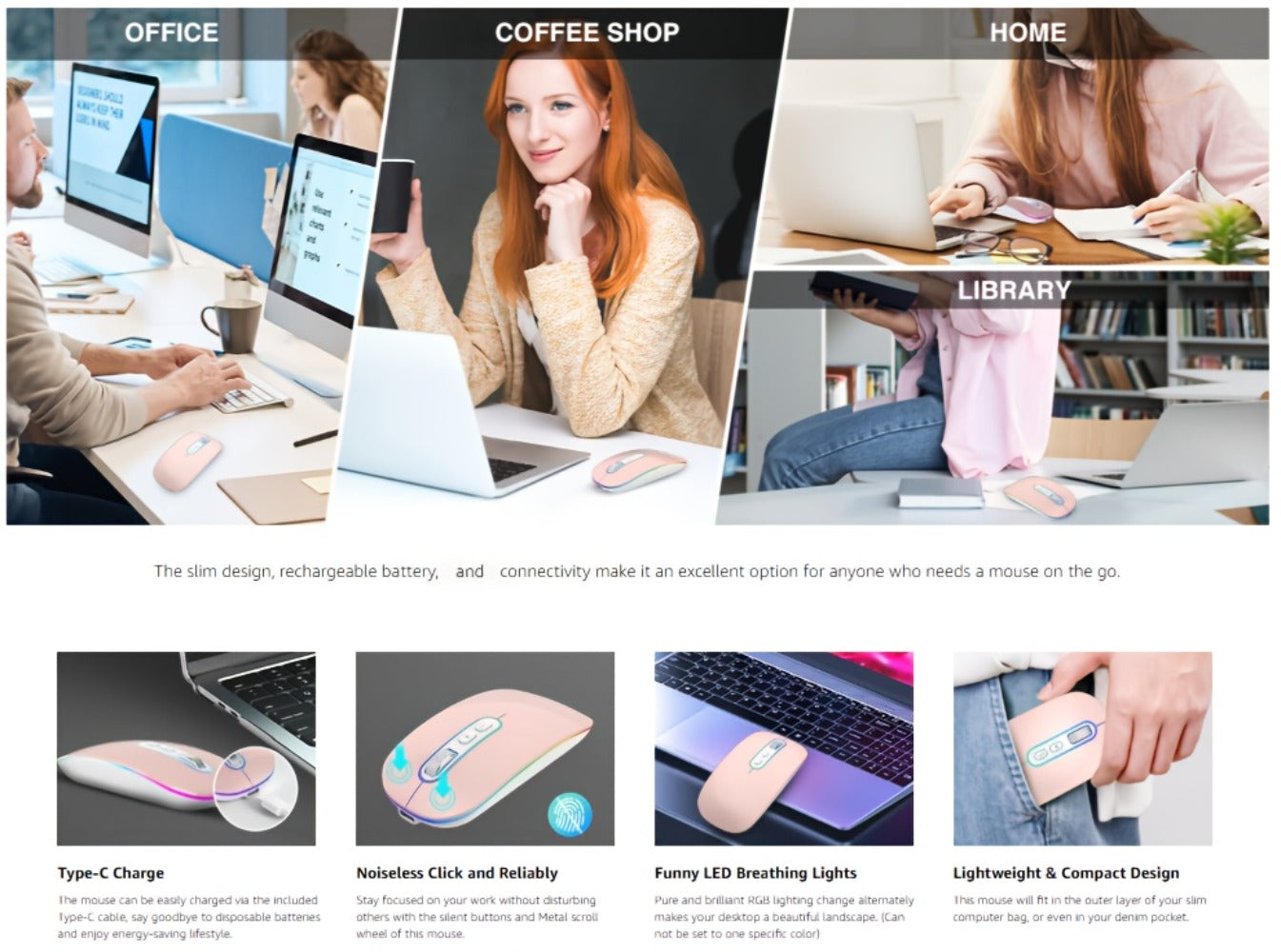 Slim Dual-Mode Wireless Mouse with Bluetooth 5.1, 2.4 GHz Receiver, RGB Lighting and Pink Finish