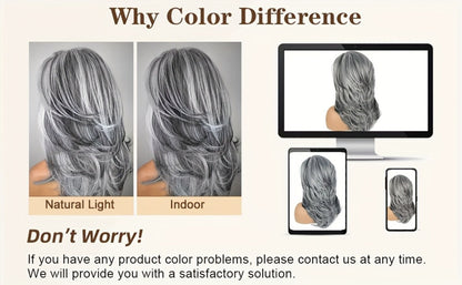 Synthetic Wig 18-Inch Layered Silvery Waves with Highlights in Two Colors and Rose Net Cap