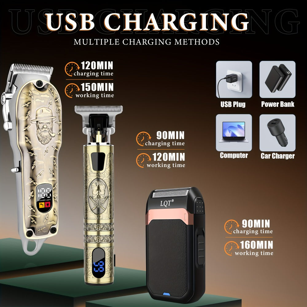 Electric Hair Clipper Set for Men - LQT USB Rechargeable 2000mAh with Engraving Scissors Metal Digital Display Cordless Barber Kit 2 3 4 Piece Home Salon Bronze Gift