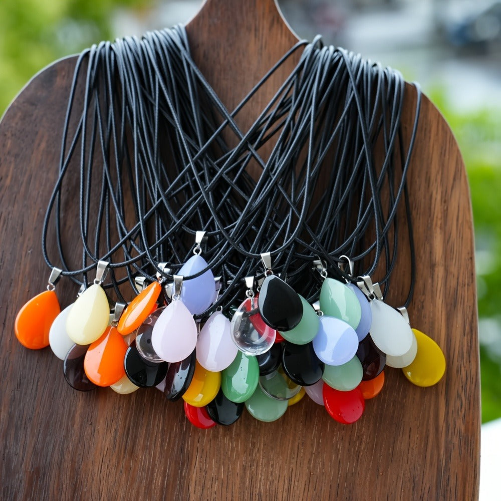 Forty-Piece Multicolor Teardrop Pendant Necklace Set with 20 Faux Crystal Charms and 20 Black Cords