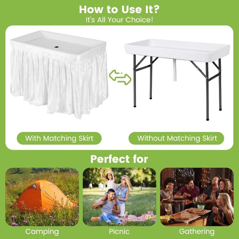 Ice Table Folding 4 ft Portable Cooler Table with Drain & Removable Skirt, Fill and Chill Party Beverage Station for BBQ, Camping & Outdoor Events