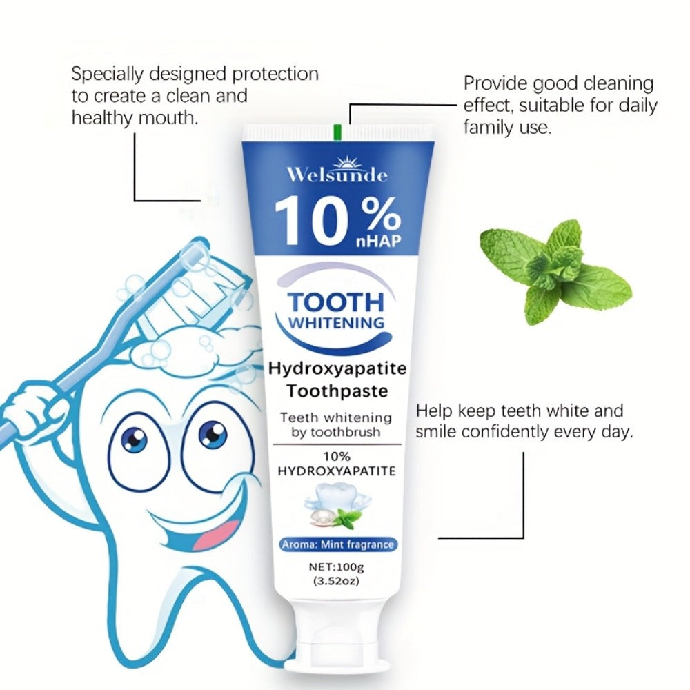 Two-Pack 100g Mint Toothpaste Tubes with 10% Hydroxyapatite Highlighted on the Package Labels